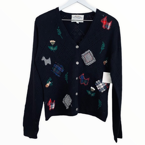 Susan Bristol Sweaters - Vintage Susan Bristol NWT Patchwork Scottish Dog & Plaid‎  Sweater Size Small